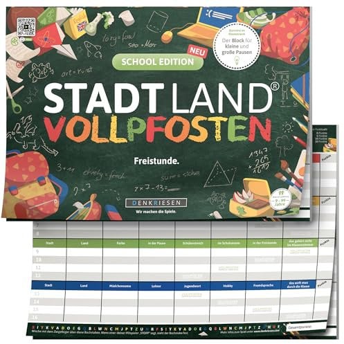 DENKRIESEN - Stadt Land VOLLPFOSTEN® - School Edition | DIN A4 Spielblock | Ab 9 Jahren | Stadt Land Fluss | Familienspiel | Lustiges Blockspiel für die ganze Familie | Perfekt für die Schulzeit