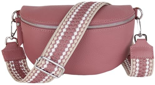 MIRROSI® Bauchtasche Damen, Echtleder, Made in Italy, Umhängetasche, Brusttasche, Crossbody Bag (1 Tasche & 2 Gurte) (Altrosa (Pünktchen), Mittelgroße Tasche (25x16x7cm))