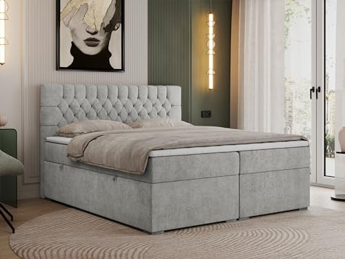 MKS MEBLE Boxspringbett 120x200 cm mit Bettkasten, Premium Multipocket Matratze H4 mit Topper T25, Doppelbett mit Kopfteil PERA - Hellgrau Strukture