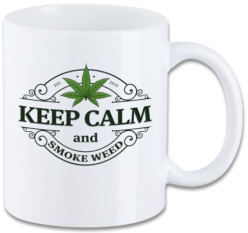 Tasse mit Spruch ″Keep calm and smoke weed″ T07 Motiv Geschenk Cannabis Gras Marihuana Ganja Geburtstag Spruchtasse Motivtasse Mug