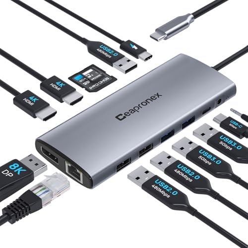 Docking station USB C per computer portatile, doppio monitor, 14 in 1, triplo display, hub USB C per MacBook/Dell/HP/Lenovo Dual HDMI 4K, DP 8K, caricatore PD, Gigabit Ethernet, 6 porte USB, lettore