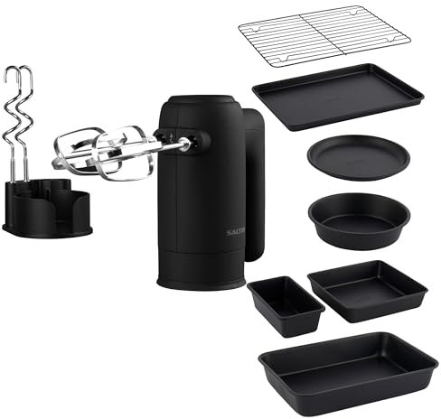Salter COMBO-9358 Kuro Hand Mixer – Electric Whisk with 7-Piece Stackable Bakeware Set, Dough Hook & Beater Attachments, 5 Speeds & Turbo, Non-Stick Baking Trays & Cooling Rack, Compact Storage, Black