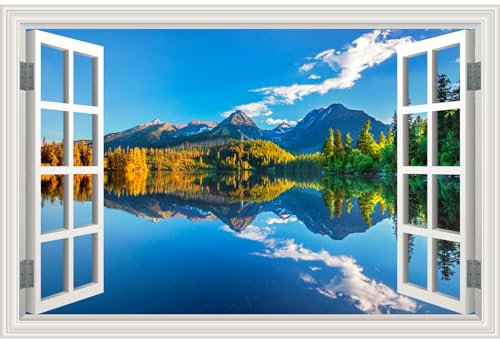 Kunstfenster für Wände, Kunstfenster, Poster, Bild, offene Wandkunst, zum Aufkleben und Abziehen, natürliche Landschaft, Wandaufkleber, Berge und Wälder in Seen, 121,9 x 81,3 cm, 2 Bögen