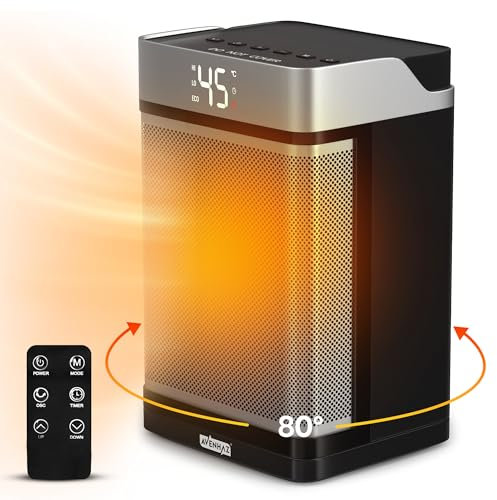Electric Space Heater 1500W Energy Efficient, 80° Oscillating PTC Ceramic Heaters with Thermostat, Low Energy Remote Control Heater Low Noise, 3-Mode 3-Speed, 1-12H Timer, Overheat Tip Over Protection