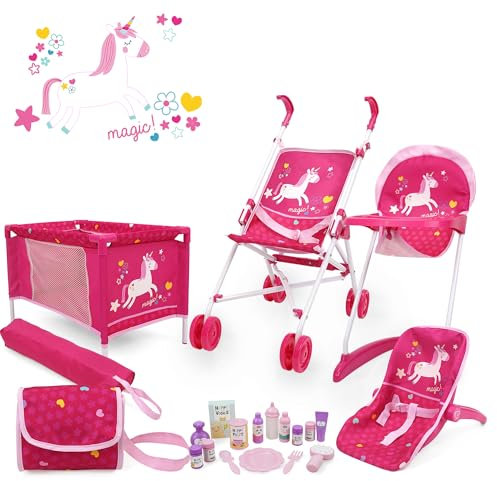 509 Crew Ensemble de 21 pièces de poupée Stroll n Play & Care Combo Poupée, Doll Playard, Doll High Chair Set, Carry Cot, Diaper Bag, Feeding and Grooming Accessories, Ages 3+