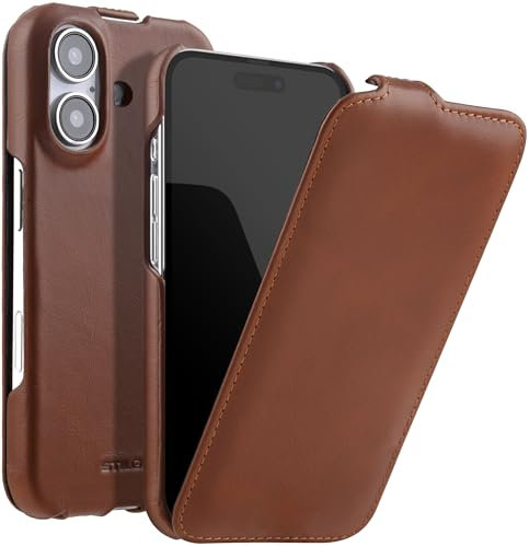 STILGUT UltraSlim passend für iPhone 16 Hülle - iPhone 16 Flip Case kompatibel mit MagSafe aus Leder, Klapphülle, Handyhülle, Lederhülle - Cognac