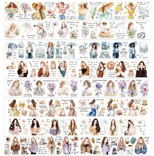 Kraeoke 8 Rollen PET Washi Tape Set Mädchenserie Scrapbook Stickers Retro Washi Sticker Bunt Aufkleber Fotoalbum für Bullet Journals, Basteln und Geschenkpaket