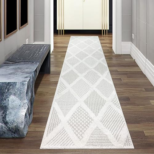 Teppich-Traum Teppich Rautenmuster Creme Grau Weich 80x300 cm | Weich, pflegeleicht, strapazierfähig, modern und stylisch, OEKO-TEX geprüft, für Fußbodenheizung, Wohn- & Schlafzimmer