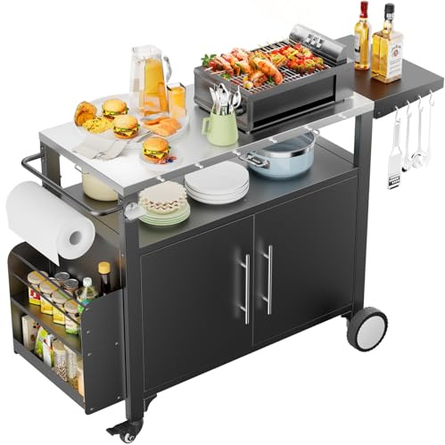 MODCART Carrello per barbecue da esterno con contenitore, tavolo da barbecue mobile per feste e riunioni domestiche, impermeabile, isola da cucina con ganci e portaspezie, versatile carrello da