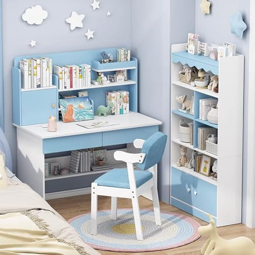 Yadlan Kinder Schreibtisch Holz Massiv, Kinderschreibtisch Ab 6 Jahre mit Stauraum, GroßE SpeicherkapazitäT Studie Schreibtisch mit 2 Schubladen, EIN Schrank und Buchhalterung Blue 80cm