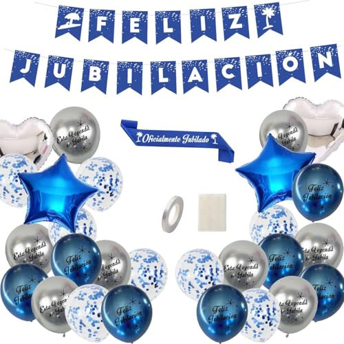 IM®️ Decoración Jubilación (Guirnalda+24 Globos de Látex+4 Globos Foil+Banda) | Feliz Jubilación Guirnalda | La Jubilación | Jubilación Globos | Accesorios Fiesta Jubilado | Pancarta Feliz Jubilación.