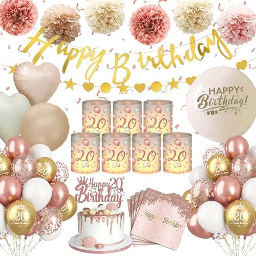 Deko 20 Geburtstag Mädchen,WINAROI 20. Geburtstag Deko Rose Gold mit Windlicht Tischdeko, Happy Birthday Banner, Servietten, Pompons