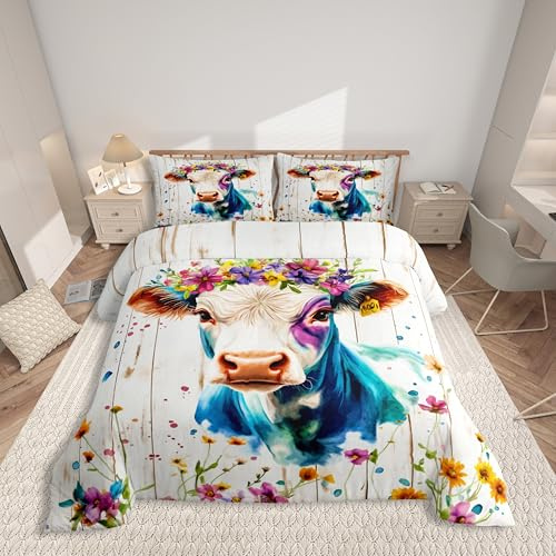 Homewish Kuh Bettwäsche 135x200 Kinder, Cartoon Waldtiere Bettbezug Niedlich für Mädchen Jungen, Botanische Blume Pflanze Bett Set, mit 1 Kissenbezug Holzbrett Dekor, Weiche Mikrofaser