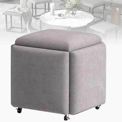 KCYXSMAX Ensemble de tabourets empilables 5 en 1 avec roulettes pivotantes - Siège Cube empilable - Repose-Pieds Mobile pour Salon - 45 x 45 x 48 cm (Light Gray)