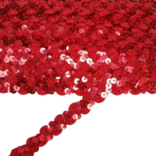 Vbxvsa 11m Paillettenband Glitzer Borte 1,5 cm Breite Elastisches Zierband S-Wellenform Paillettenborte für DIY Nähen Kostümdekoration Handwerk Vorhangverzierung (Rot)