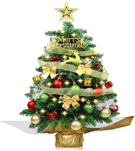 60cm Mini Weihnachtsbaum mit LED Beleuchtung,Kleiner Künstlicher Weihnachtsbaum mit Beeren Weihnachtskugel Tannenzapfen Christbaumspitze Stern deko für Home Office Bar Esstisch Dekorationen