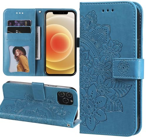 ZYIMOU Lederhülle für iPhone 12/ iPhone 12 Pro Hülle, Handyhülle Flip Wallet PU Leder Schutzhülle [Kartenfach] [Magnet] [Ständer] Prägung Klapphülle Case, Blau