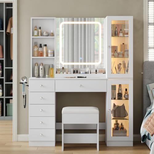 FUSOU Dressing Table with LED Mirror, Vanity Desk with Charging Station, 2 Cabinets & 3 Open Shelves, 6 Drawers Vanity Set with Glass Top, Makeup Vanity Table for Bedroom, White