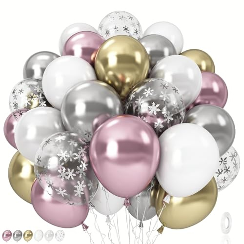 Pink White Winter Wonderland Snowflake Balloons Set, Metallic Light Pink Gold Silver White Snowflake Confetti Balloons for Girl Christmas Birthday Winter Onederland Baby Shower Xmas Party Decorations