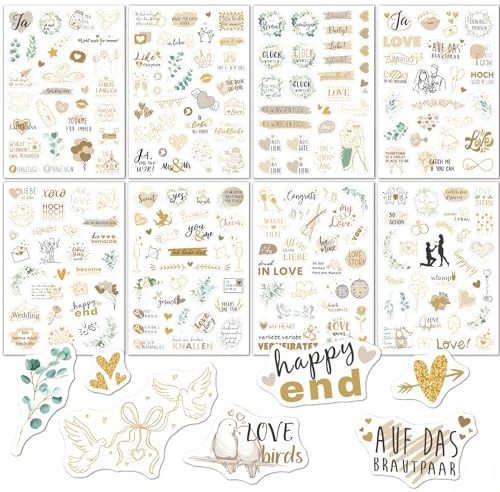 8 Bogen Sticker Hochzeit Gästebuch (230 Sticker), Aufkleber Hochzeit, Hochzeitssticker Set für Gästebuch Fotoalbum Oder Scrapbook Wedding Deko mit Deutschen Texten Herz-Motiven