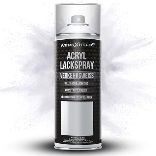 WerkXheld Sprühlack 400ml - Hochwertiges Lackspray Verkehrs-Weiß glänzend RAL 9016, Vielseitig anwendbar auf Holz, Metall & Textil, Langlebiger Acryllack Spray