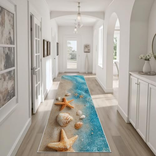 Dyjuaa Meer Strand Teppichläufer Flur Waschbar 60x240 cm, Seestern Teppich Läufer rutschfest, Muschel Küchenteppich Kurzflor Flurläufer für Küche Eingang Wohnzimmer