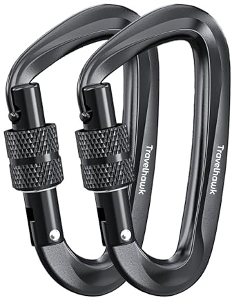 TravelHawk Karabiner mit Schraubverschluss 2 Stück, Karabinerhaken Aluminium Schwarz, 1200 kg Bruchlast, nur 27 g, Schraubkarabiner für Camping Wandern Reisen Hängematte Gepäck und Schlüssel