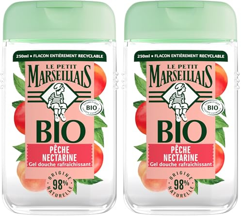 Le Petit Marseillais - Gel Douche Rafraîchissant Certifié BIO Pêche Nectarine (flacon de 250 ml) – 98% d'origine naturelle et pH neutre pour la peau – Emballage recyclable et rechargeable (Lot de 2)