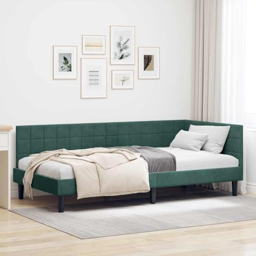 Hoopleep Eckbettgestell mit Kopfteil, Dunkelgrün Samt, 90 cm x 190 cm, L-förmiges Eckbett Sofa Einzelbett mit Lattenrost, Vielseitig als Tagesbett und Schlafplatz, Platzsparend für kleine Räume