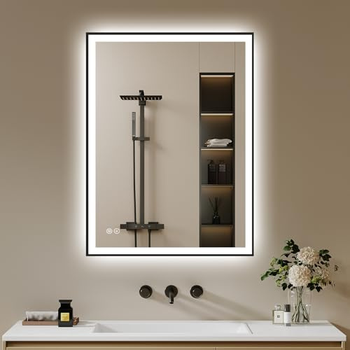 Badspiegel-mit-Beleuchtung 50x70cm Badezimmerspiegel LED Badezimmer Spiegel | Beschlagfrei, Dimmbar, 3 Lichtfarben, Led-Spiegel-Bad Schwarz Metallrahmen Horizontal/Vertikal