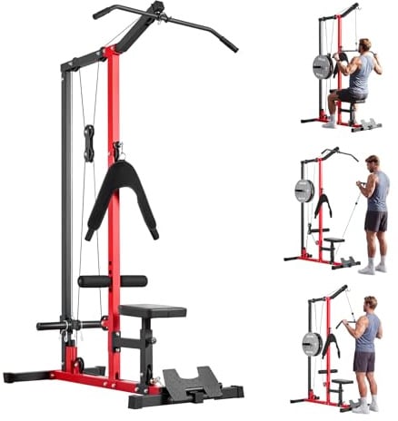 VEVOR LAT Pull Down Machine, 3-in-1 Row Cable Machine, Cable Machines Home Gym with 3-Level Adjustable Seat, 4-Level Adjustable Foam Roller, Load 400 lbs LAT Tower for Back, Chest, Tricep, Black