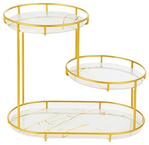 2-Tier Bathroom Countertop Organizer, Gold Metal Vanity Storage Shelf with Trays, Makeup & Skincare Organizer for Bathroom, Bedroom & Dressing Table (White)