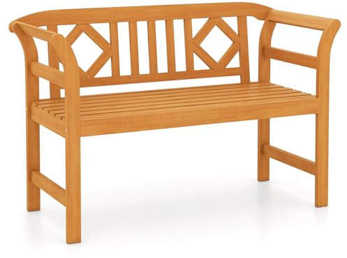 DREAMADE Gartenbank wetterfest, Sitzbank Outdoor aus Akazienholz, 2-Sitzer Balkonbank bis 320 kg belastbar, Holzbank mit Armlehnen & Rückenlehne, Parkbank für Garten, Balkon, Terrasse (Rhombus)