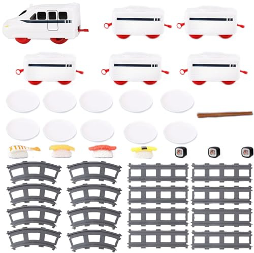 CAKEEYUM Sushi Train Rotating Food Train for Table Household Dinner with Rail Conveyor Belt Serving Tray Battery Powered Table for Party Display Swing Plate