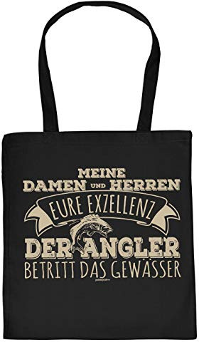 Angler-Sprüche Geschenktasche - Baumwolltasche Angeln Motiv : ... Eure Exzellenz der Angler betritt das Gewässer - Einkaufstasche Angelsport Stofftasche - Farbe : Schwarz