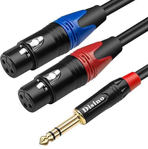 Disino Dual Female XLR to 1/4 inch(6.35mm) TRS Stereo Male Plug Y-Splitter Cable, Unbalanced 2-XLR Female to Quarter inch Adapter Patch Cord - 6.6 Feet /2 Meters