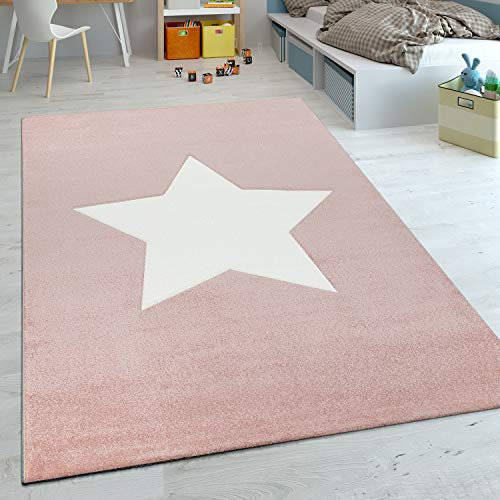 Paco Home Kinderteppich Teppich Kinderzimmer Moderner Kurzflor Mädchen Sternen Design Pastell Rosa Weiß, Grösse:80x150 cm