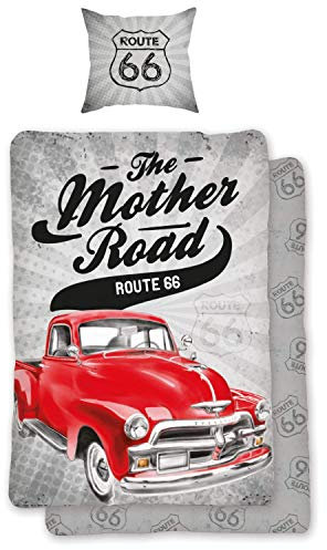 SkyBrands Bettwäsche 135x200 cm 80x80 Kissenbezug Route 66 Oldtimer Herren Bettwäsche-Set Vintage Retro Baumwolle Bettbezug Männer