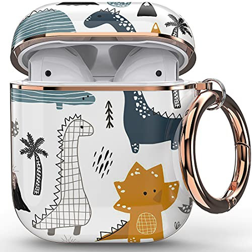 wenew Case Cover kompatibel mit Apple Airpods 2 & 1, Hard Case Cover mit süßen Mustern und Schlüsselanhänger für Mädchen, Kinder, Frauen, Männer (Dinosaurier)