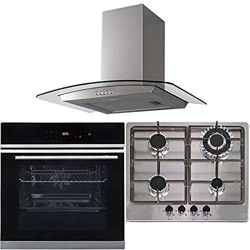 SIA BISO6SS 60cm Black Touch Control 10 Function Single Fan Oven, 4 Burner Stainless Steel Gas Hob & Curved Glass Cooker Hood Kitchen Extractor Fan