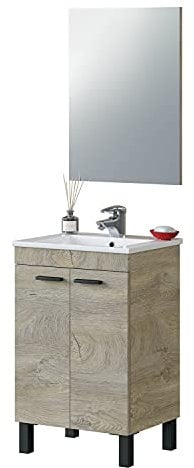 Habitdesign ARKITMOBEL Mueble de Baño 2 Puertas y Espejo, 50x80x40 (AnchoxAltoxFondo-en cm), Color Roble Alaska, Módulo Lavabo, Modelo PM (Sin Lavamanos)