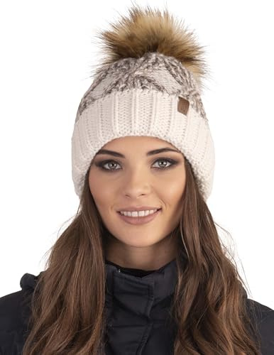 VIVISENCE Damen Mütze Bommel Warm Fleece Gefüttert Antistatisch Strick 7029