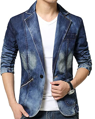 Uomo Retro Denim Blazer Intagliato Risvolto Sbiancato Tasca Con Cerniera Singolo Pulsante Blu Jean Giacca, come da immagine., L