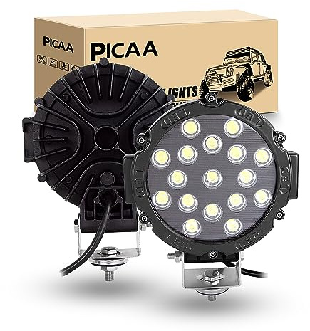 PICAA LED Work Light, Black, 7 Inch 51 W 5100 LM Flood LED Headlight Ramp Waterproof IP67, Additional Lights LED Work Projector for Motorcycle, Car, Tractor, Truck, SUV, Boat, Caravan