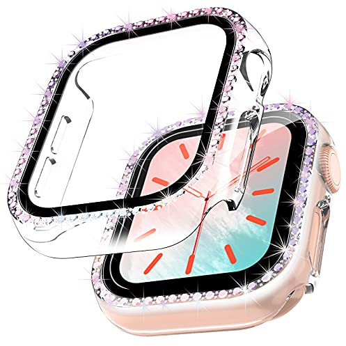 TOCOL 2 Pezzi Brillantini Cover per Apple Watch 9 8 7 45mm con 9H in Vetro Temperato, Copertura Completa Custodia Rigida Senza Bolle Anti-Graffio HD Clear Pellicola per Apple Watch 45mm - Trasparente