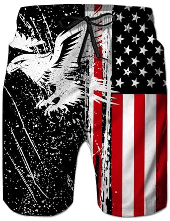 Schnell trocknende Strand-Boardshorts für Herren, 4. Juli, Neuheit, amerikanische Flagge, Grafik, Netzfutter, Badehose mit zwei Seitentaschen, 90er Jahre, Sommer, leicht, bequem, lange Sporthose, M