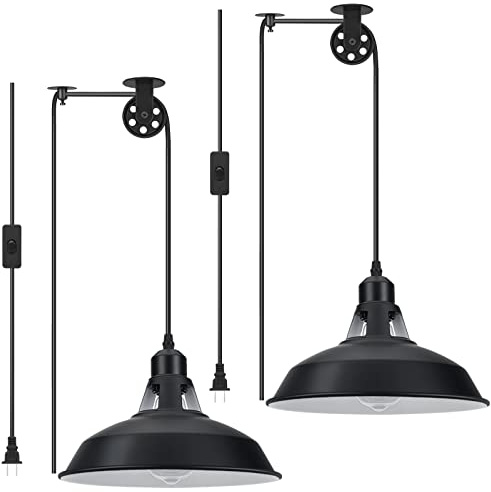 Lomoky Plug in Pendant Light, Hanging Lamp with Black Barn Pendant Lighting with 14.76ft Cord On/Off Switch, Adjustable Pulley Hanging Pendant Lighting for Kitchen Bedroom Restaurant 2 Pack