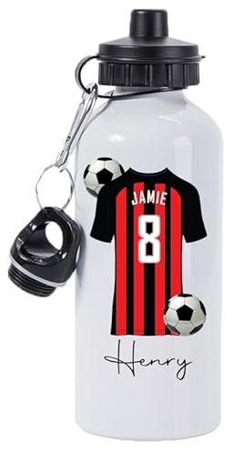 Pickhut Personalised Football 600ml White Aluminium Sports Water Bottle Back to School Gift for Kids, Customised with Name/Number/Text with Football Shirt Red & Black Stripes Jersey Kit (D2)
