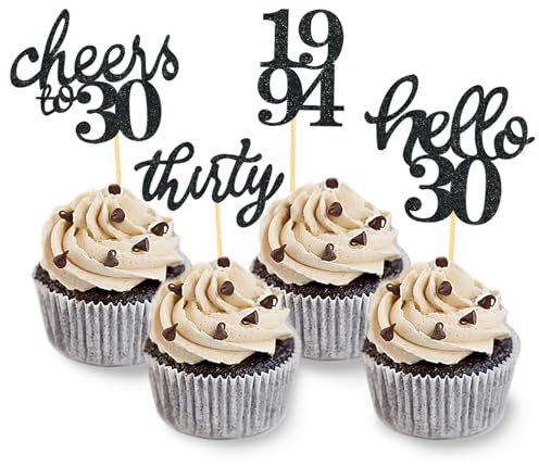 24 Stück Glitzer 30. Geburtstag Cupcake Topper Geburtstagsdeko von 1995 für 30 Geburtstagsfeier Zubehör Party Dekoration Kuchendekoration (Schwarz)