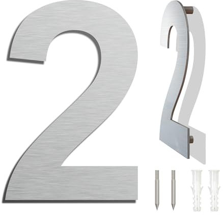 Edelstahl Hausnummer große - Wetterfest und Pflegeleicht - Metallic Mattes Silber Finish - Moderner Schwebender Aussehen und Einfache Installation - Höhe 230 mm - Arial Ziffer 2